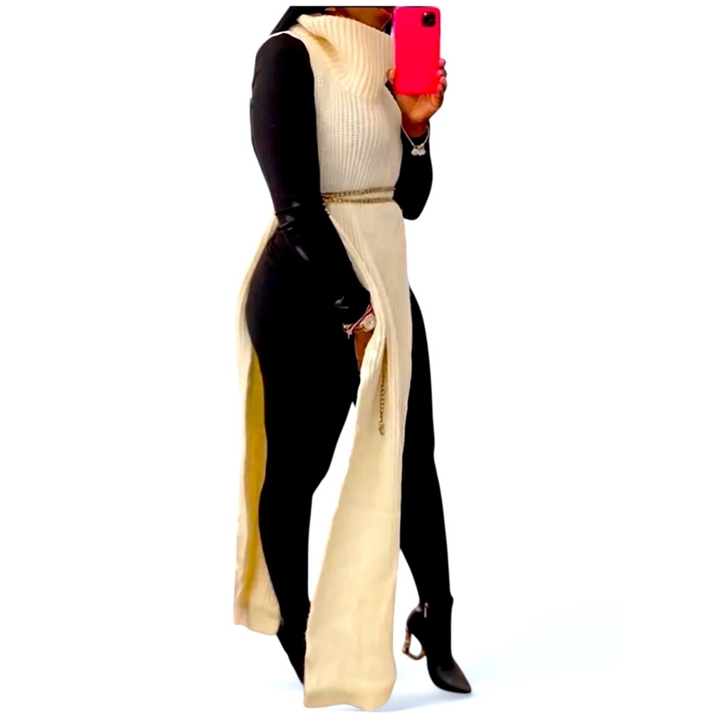 Cream long turtle neck sweater dress